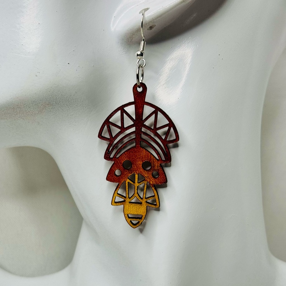 Hand dyed leather earrings tribal pattern drop in reds and yellows